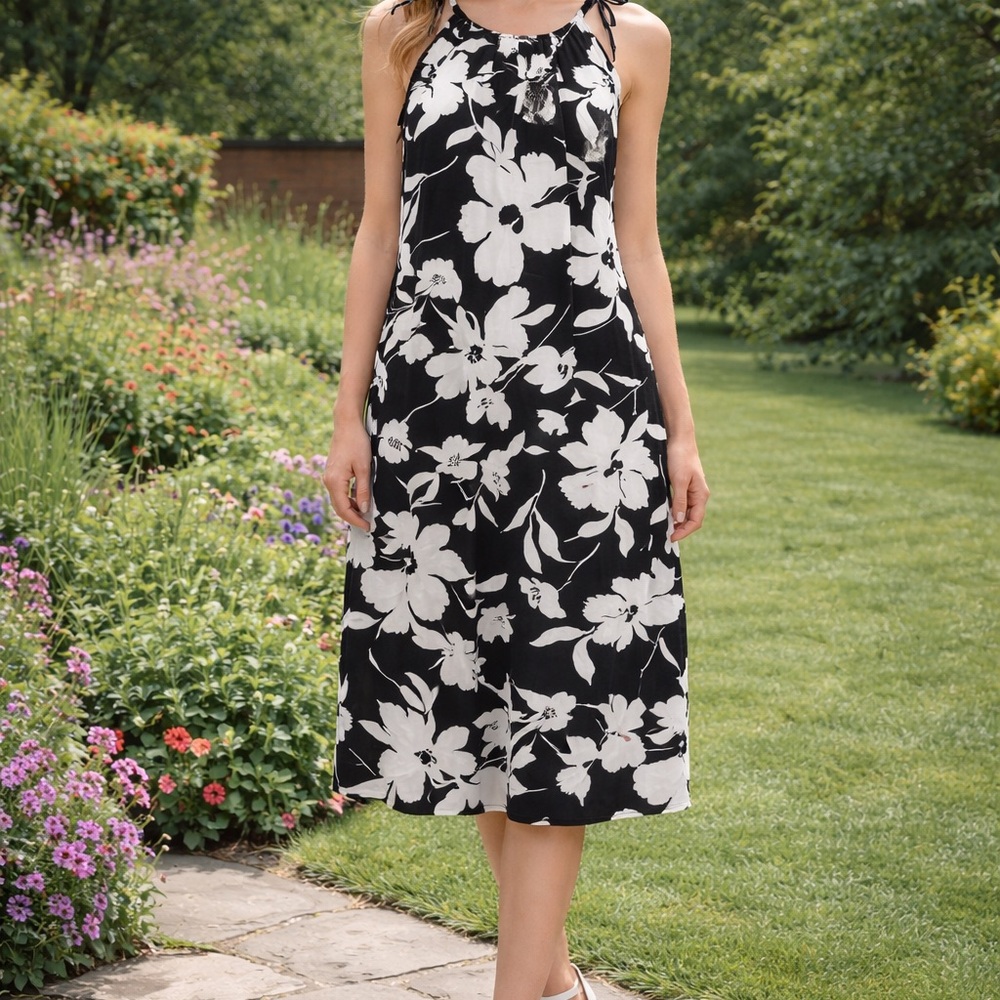 SHEIN Black & White Floral Tie-Shoulder Midi Dress